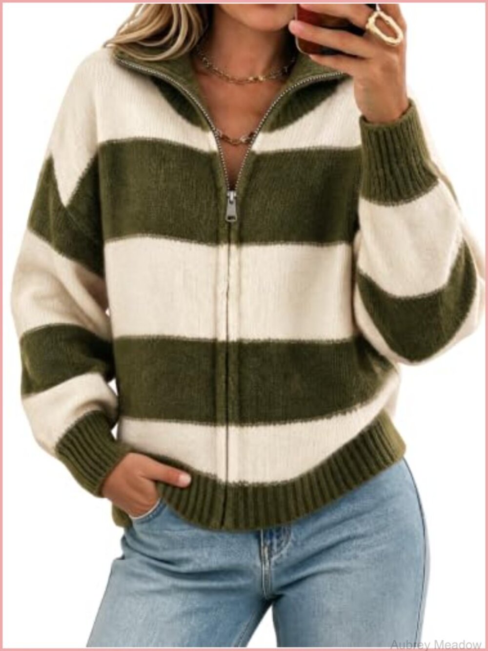 Striped Zip Knit Cardigan Loose Fit Drop Shoulder High Neck